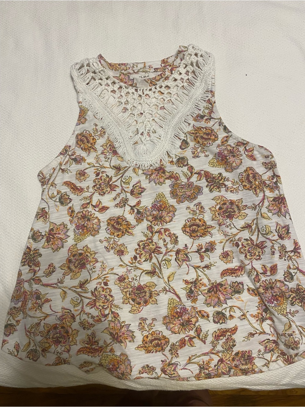 Floral Crochet Halter Top - White with Pink & Gold Floral